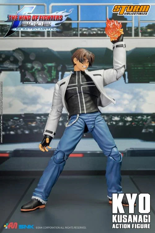 The King of Fighters 2002 Unlimited Match Kyo Kusanagi 1/12 Scale Storm Collectibles Action Figure holding flame