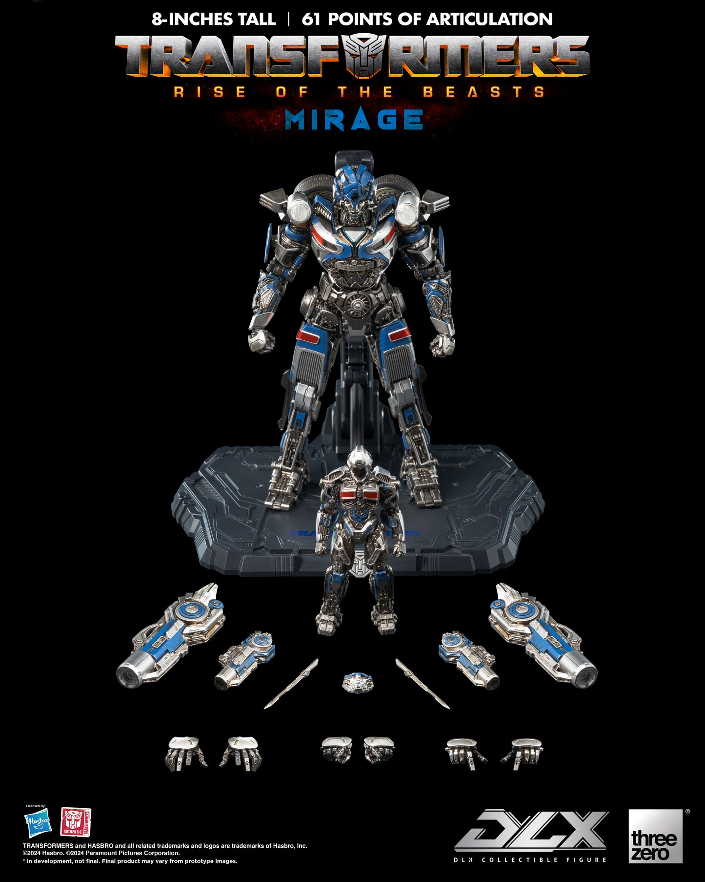 Transformers: Rise of the Beasts - DLX Mirage by Threezero showing all accessories