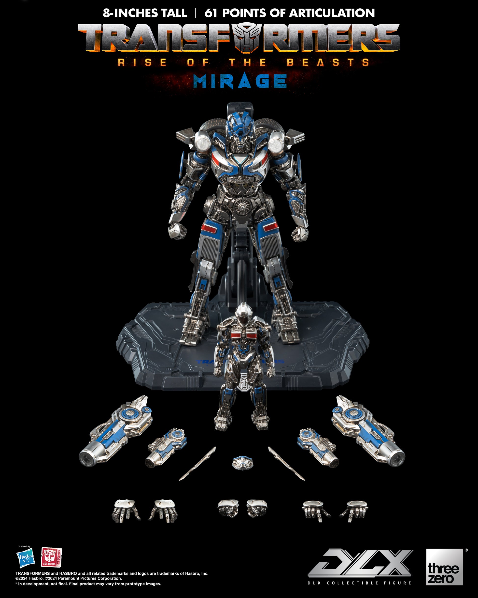 Transformers: Rise of the Beasts - DLX Mirage by Threezero showing all accessories