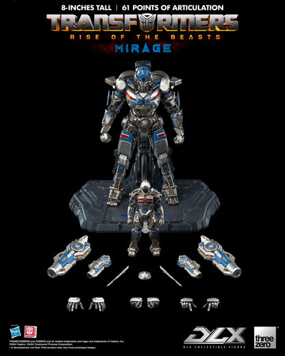 Transformers: Rise of the Beasts - DLX Mirage by Threezero showing all accessories
