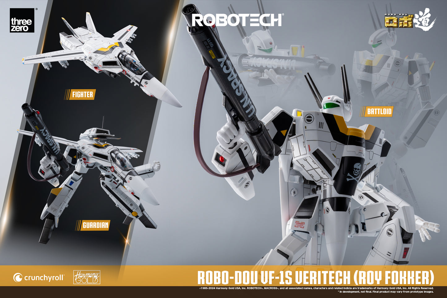ROBO-DOU ROBOTECH VF‐1S Veritech (Roy Fokker) Threezero showing all three modes