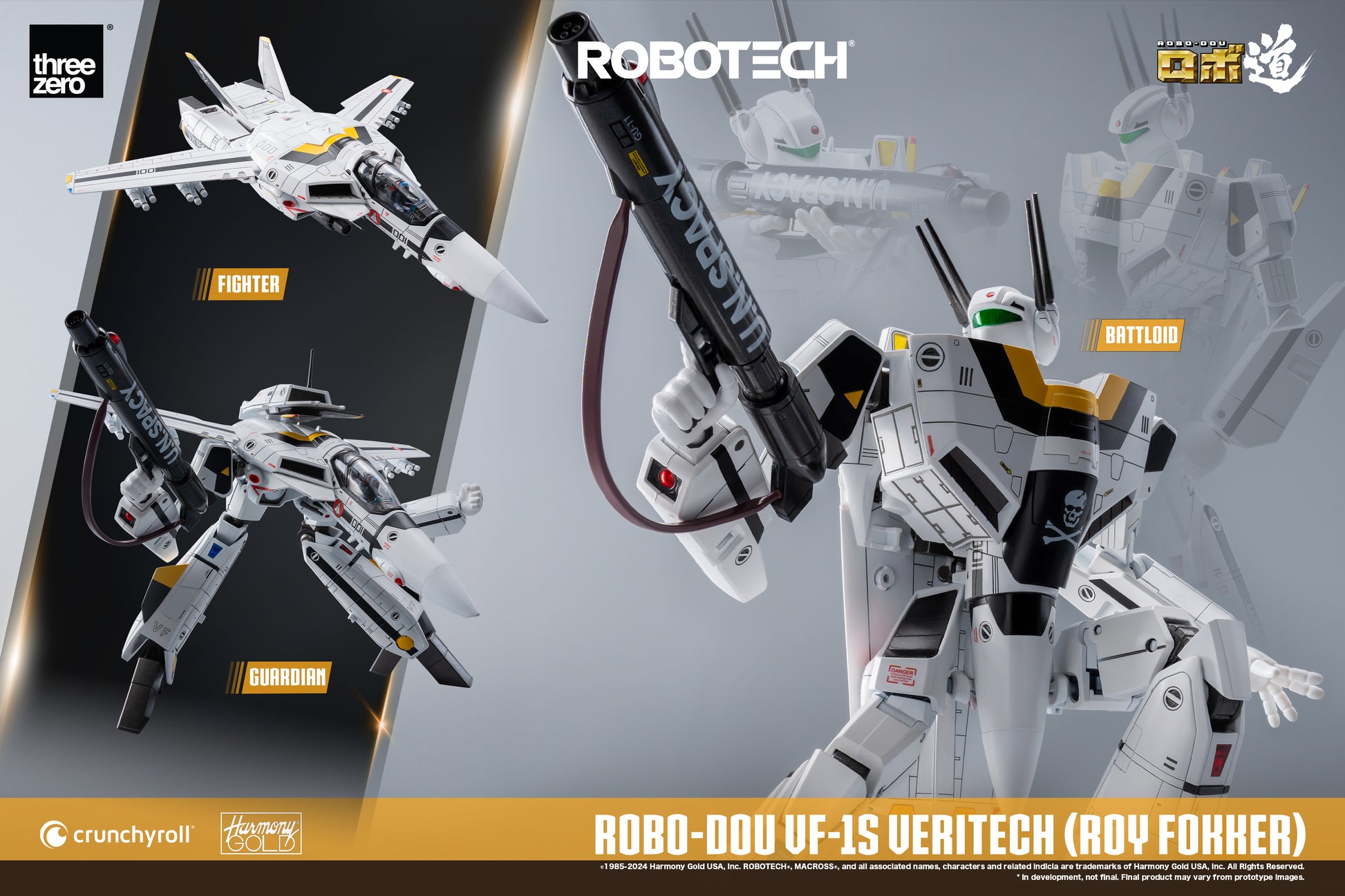 ROBO-DOU ROBOTECH VF‐1S Veritech (Roy Fokker) Threezero showing all three modes