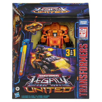 Transformers: Legacy United Leader G1 Triple Changer Sandstorm front of the box