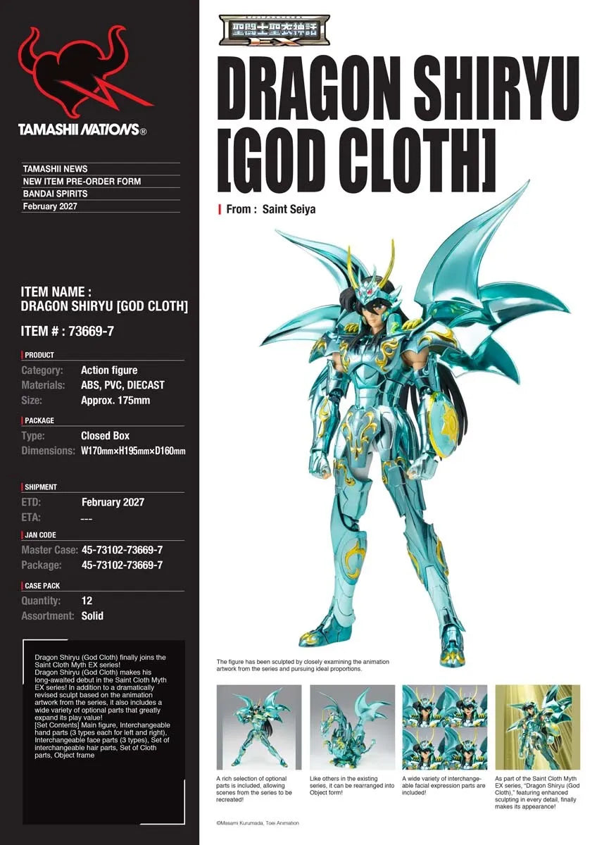 Saint Cloth Myth EX Dragon Shiryu (God Cloth) "Saint Seiya" | Bandai Tamashii Nations